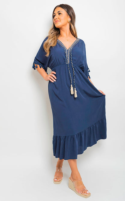 V-Neck Rope Tassel Detail Maxi Dress-4