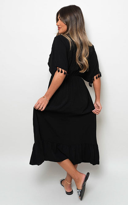 V-Neck Rope Tassel Detail Maxi Dress-9