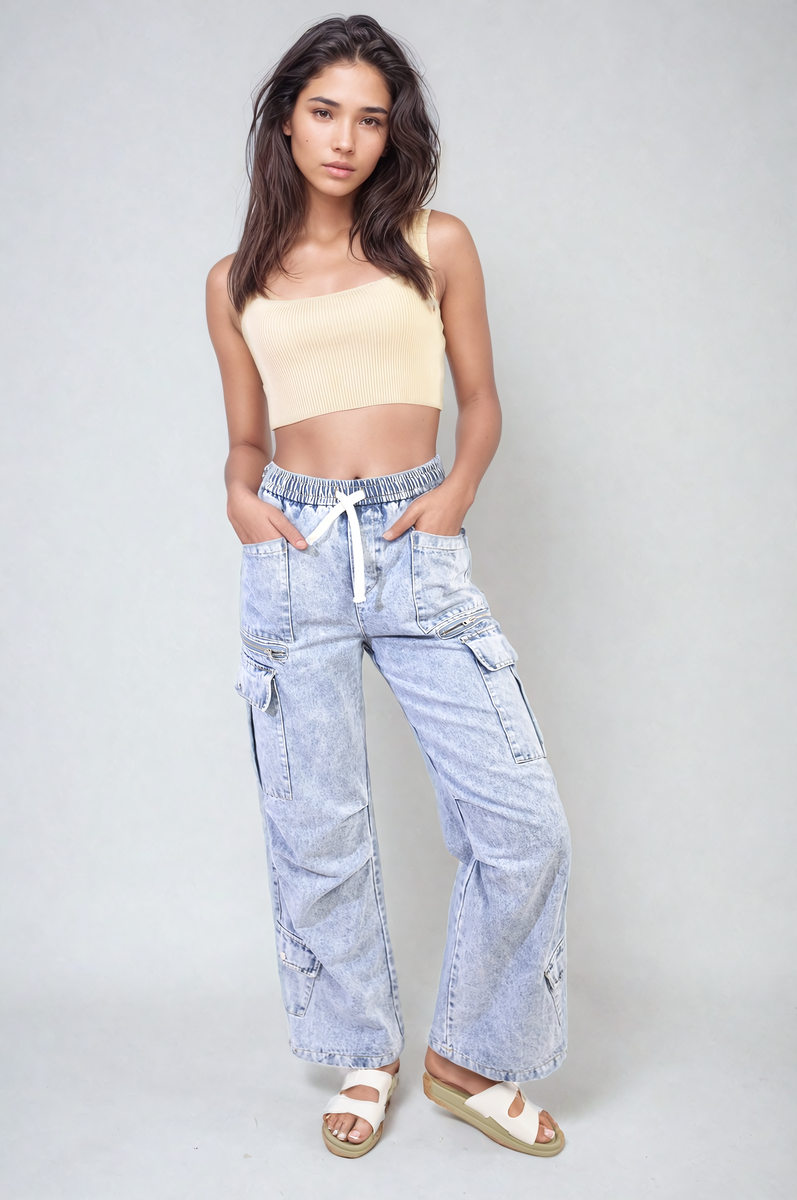 Multi Pockets Drawstring Cargo Jeans-1