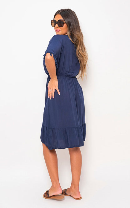 V-Neck Short Sleeve Midi Dress with Tassel Detail-15
