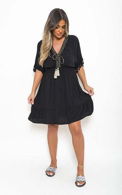 V-Neck Short Sleeve Midi Dress with Tassel Detail-4