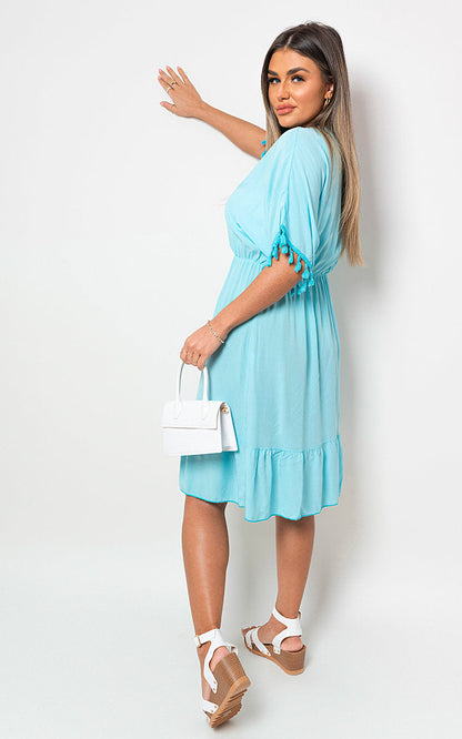 V-Neck Short Sleeve Midi Dress with Tassel Detail-16