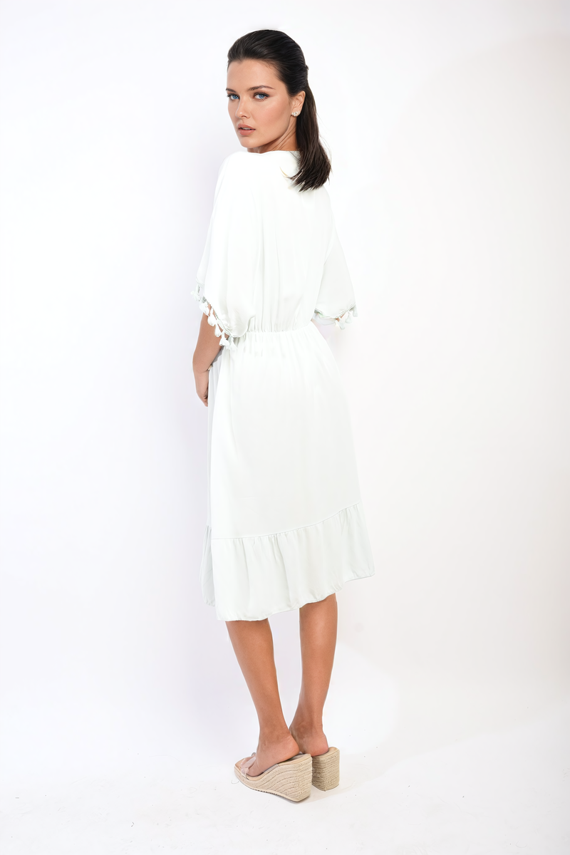 V-Neck Short Sleeve Midi Dress with Tassel Detail-6