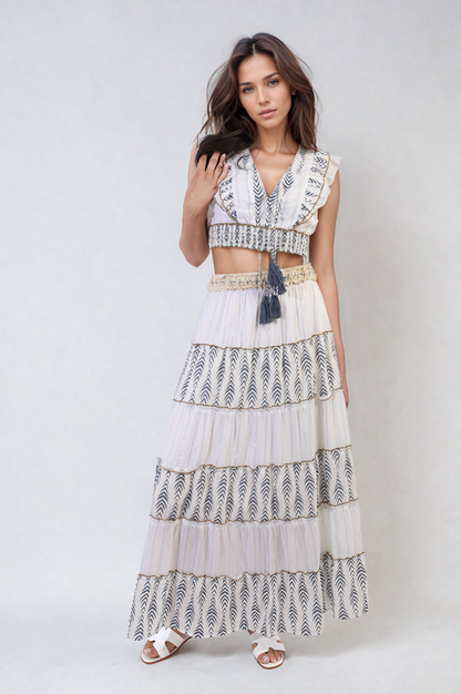 V-Neck Boho Tassel Detail Crop Top-0