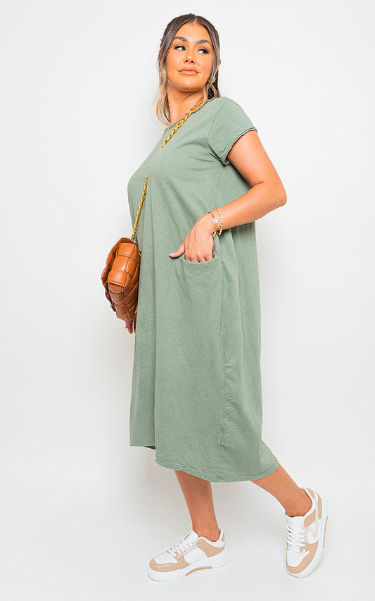 Front Pockets Short Sleeve Midi Dress-10