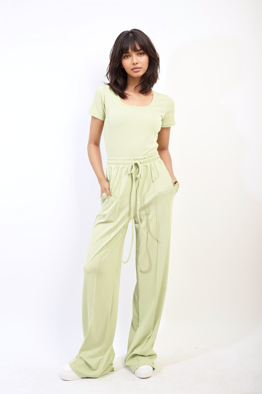 Short Sleeve BodySuit and High Waist Drawstring Trouser Co-ord Set-0