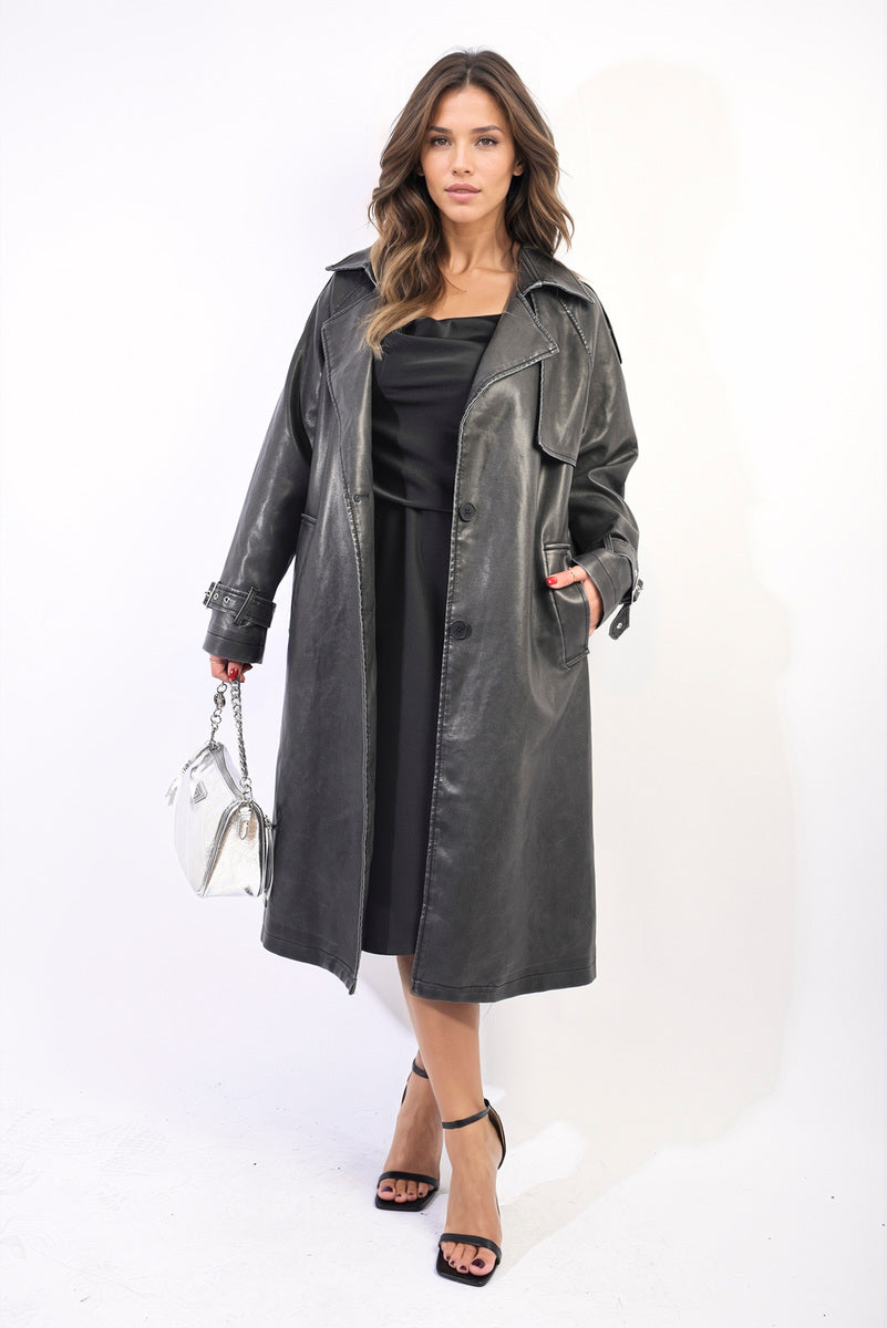 Lapel Neck Belted Trench Coat Jacket-5
