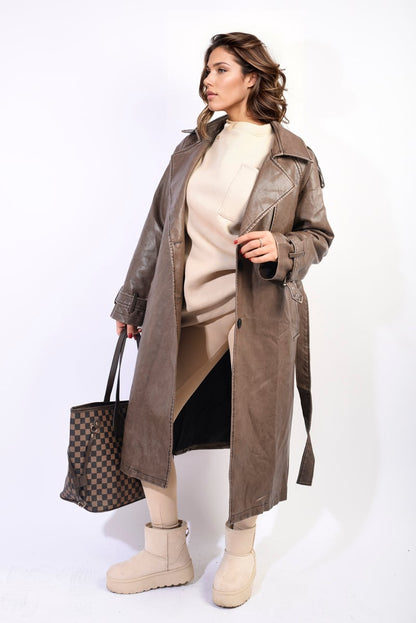 Lapel Neck Belted Trench Coat Jacket-2