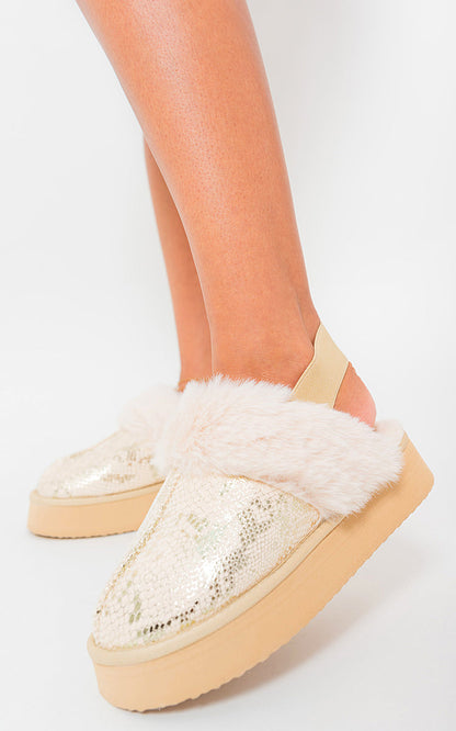 Sequin Faux Fur-Cuff Back Strap Boots-0