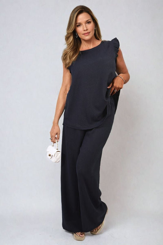 Ruffle Trim Top and Wide Leg Trouser Co-ord Set-0