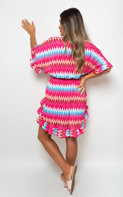 Zigzag Print Pleated Button Up Shirt Dress-6