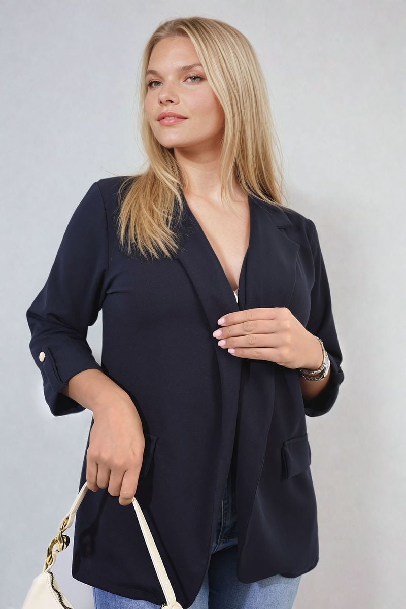 Longline Open Front Blazer Jacket with Front Pockets-11