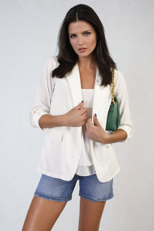 Longline Open Front Blazer Jacket with Front Pockets-0