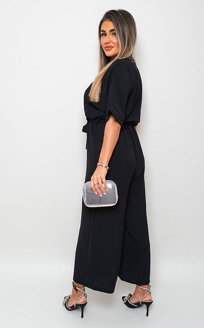 V Neck Tie Waist Short Sleeve Jumpsuit-9
