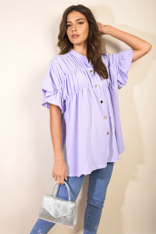 Button Down Pleated Frill Tops-10