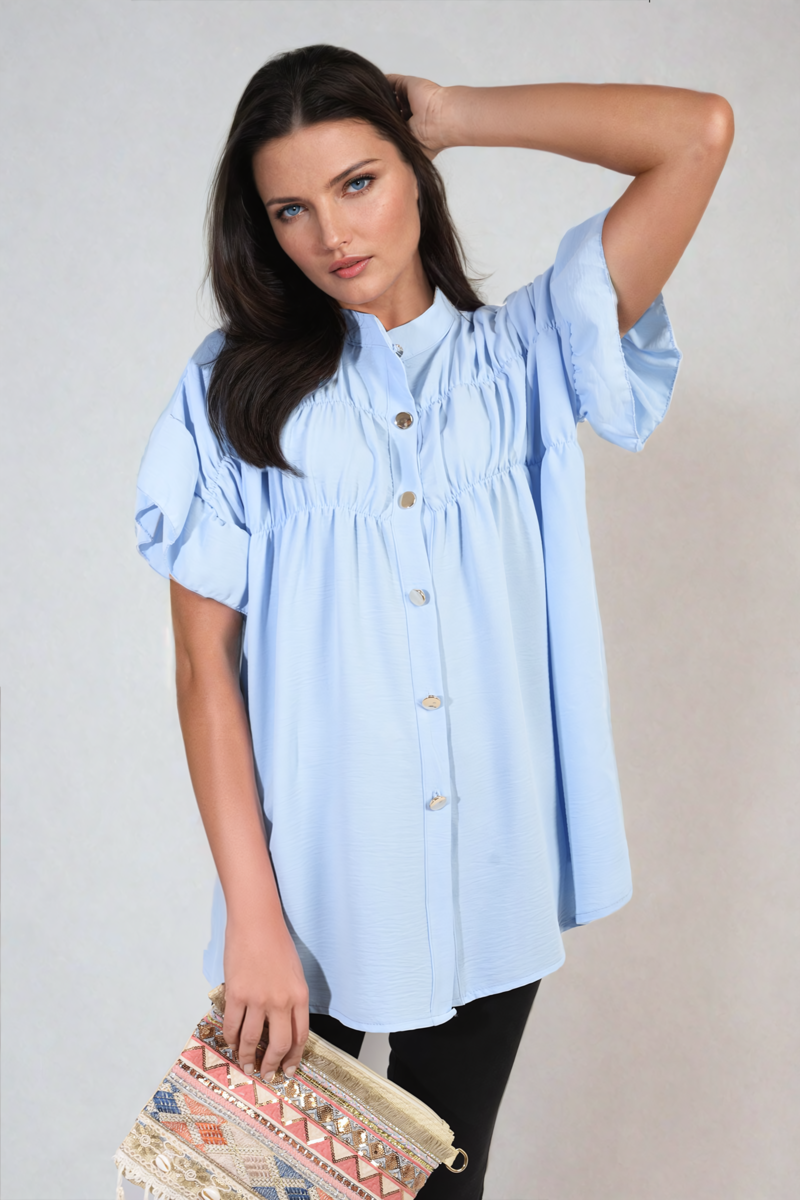 Button Down Pleated Frill Tops-4
