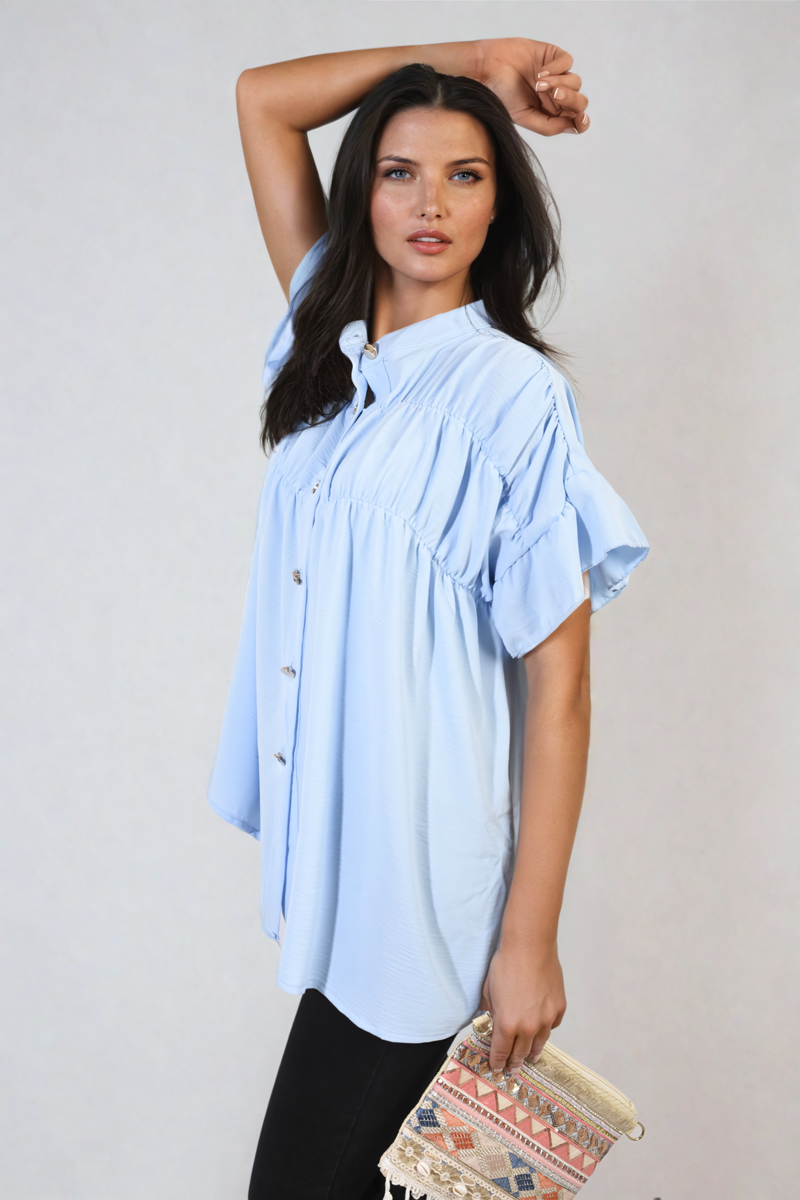 Button Down Pleated Frill Tops-16