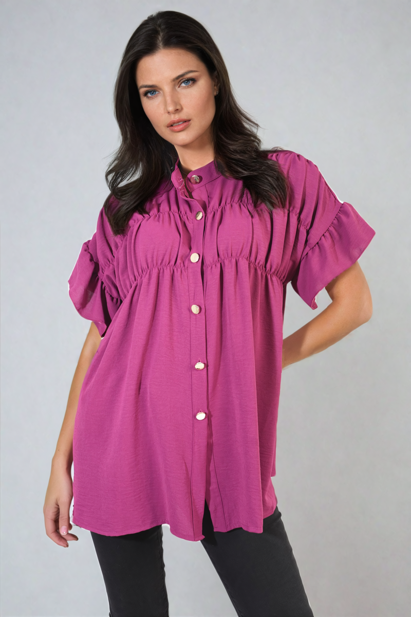Button Down Pleated Frill Tops-0