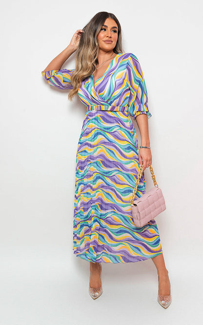 Long Sleeve Printed Maxi Dress with Belt Detail-8