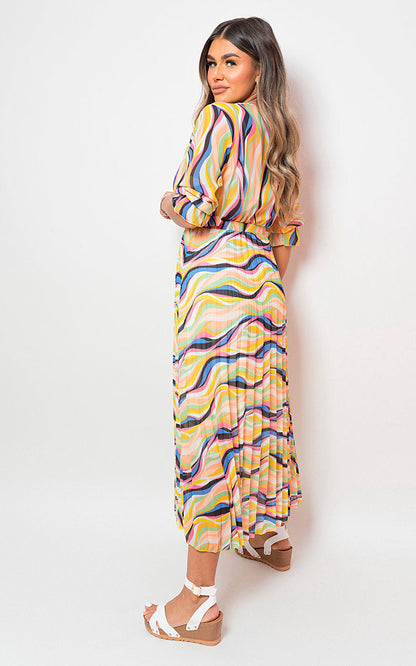 Long Sleeve Printed Maxi Dress with Belt Detail-4