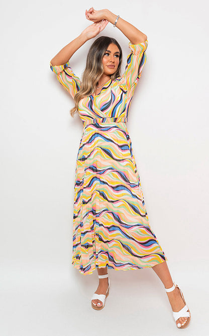 Long Sleeve Printed Maxi Dress with Belt Detail-5