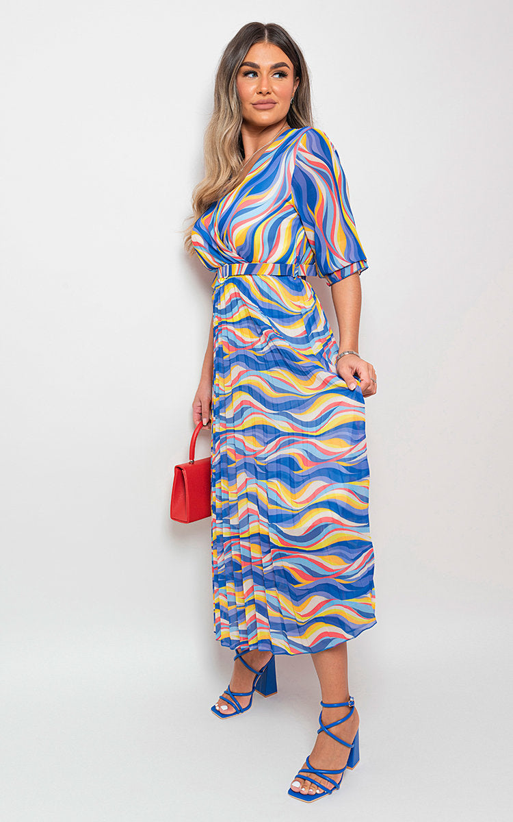Long Sleeve Printed Maxi Dress with Belt Detail-6
