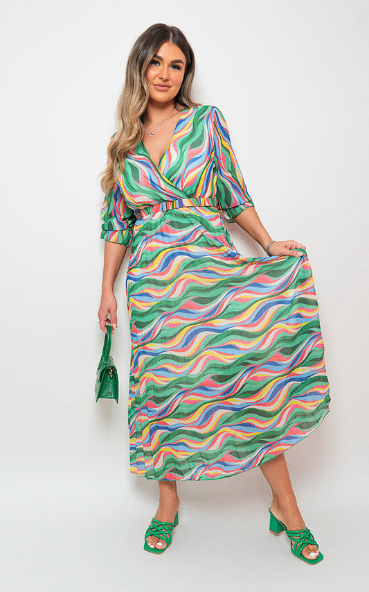 Long Sleeve Printed Maxi Dress with Belt Detail-0