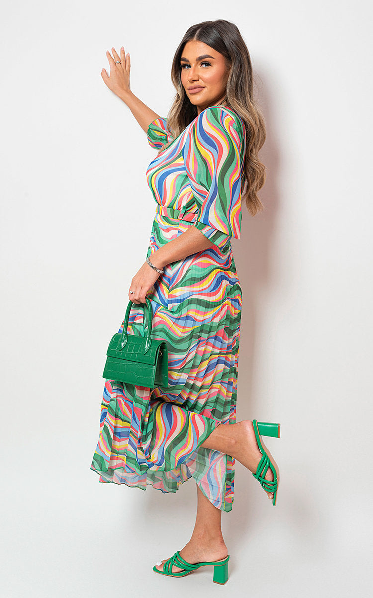 Long Sleeve Printed Maxi Dress with Belt Detail-2