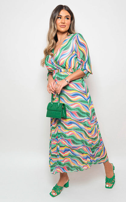 Long Sleeve Printed Maxi Dress with Belt Detail-1