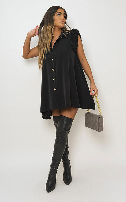 Gold Button Down Ruffle Sleeve Mini Dress-6