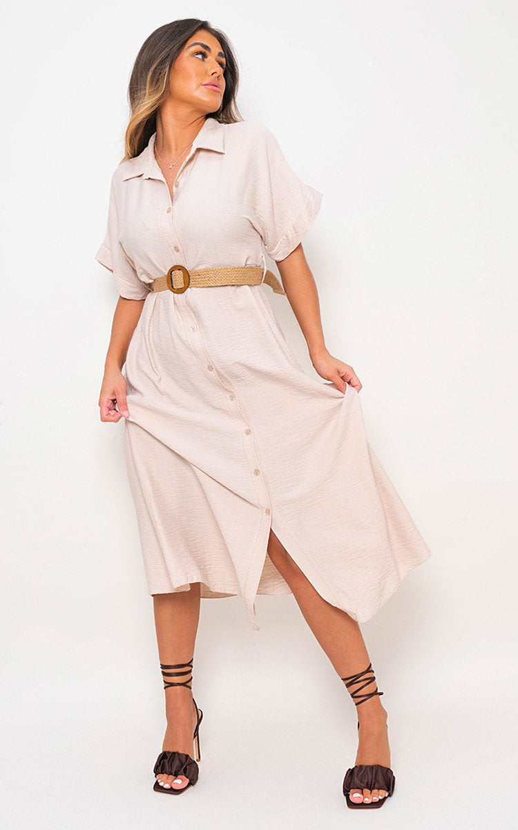 Button Down Collared Short Sleeve Midi Dress with Belt Detail-3