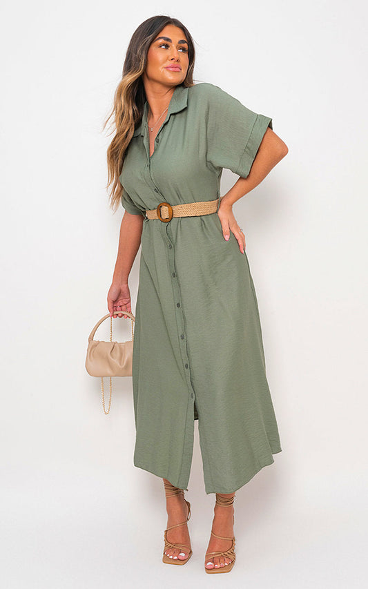 Button Down Collared Short Sleeve Midi Dress with Belt Detail-0