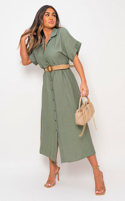 Button Down Collared Short Sleeve Midi Dress with Belt Detail-1
