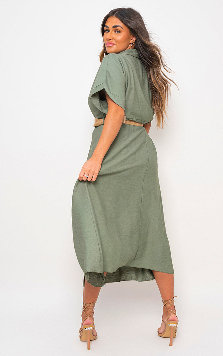 Button Down Collared Short Sleeve Midi Dress with Belt Detail-2