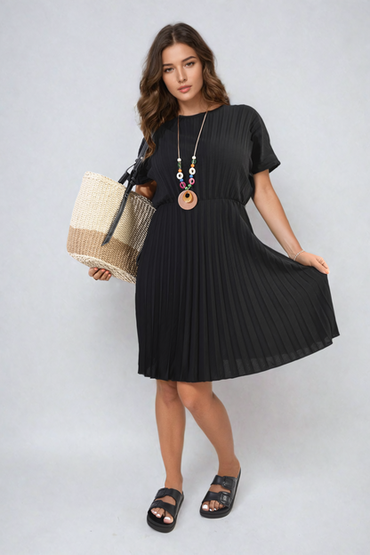 Short Sleeve Pleated Midi Dress-6