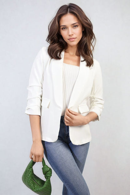 Ruched Sleeve Open Front Blazer Jacket with Front Pockets-11