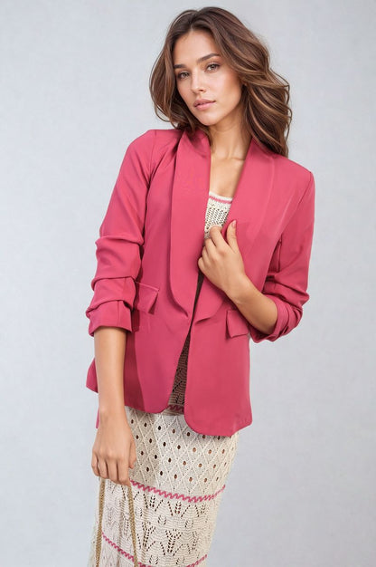 Ruched Sleeve Open Front Blazer Jacket with Front Pockets-4