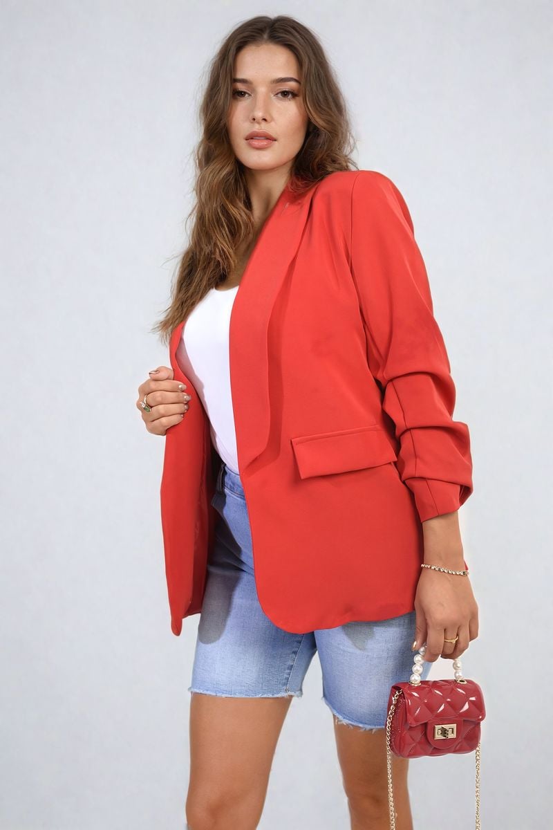 Ruched Sleeve Open Front Blazer Jacket with Front Pockets-6