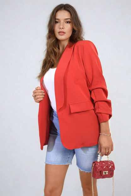 Ruched Sleeve Open Front Blazer Jacket with Front Pockets-6