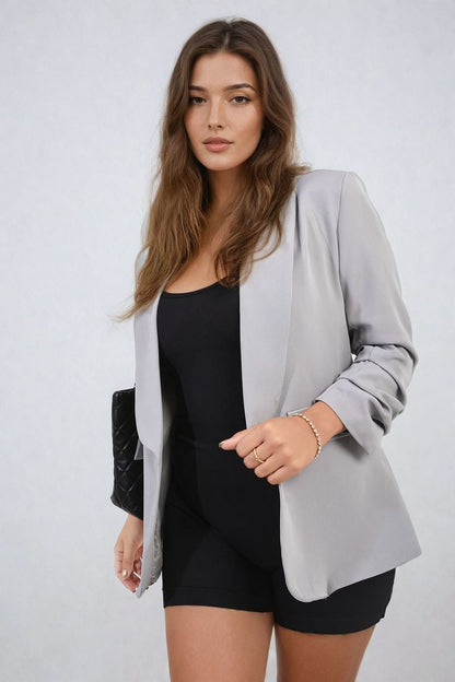 Ruched Sleeve Open Front Blazer Jacket with Front Pockets-1