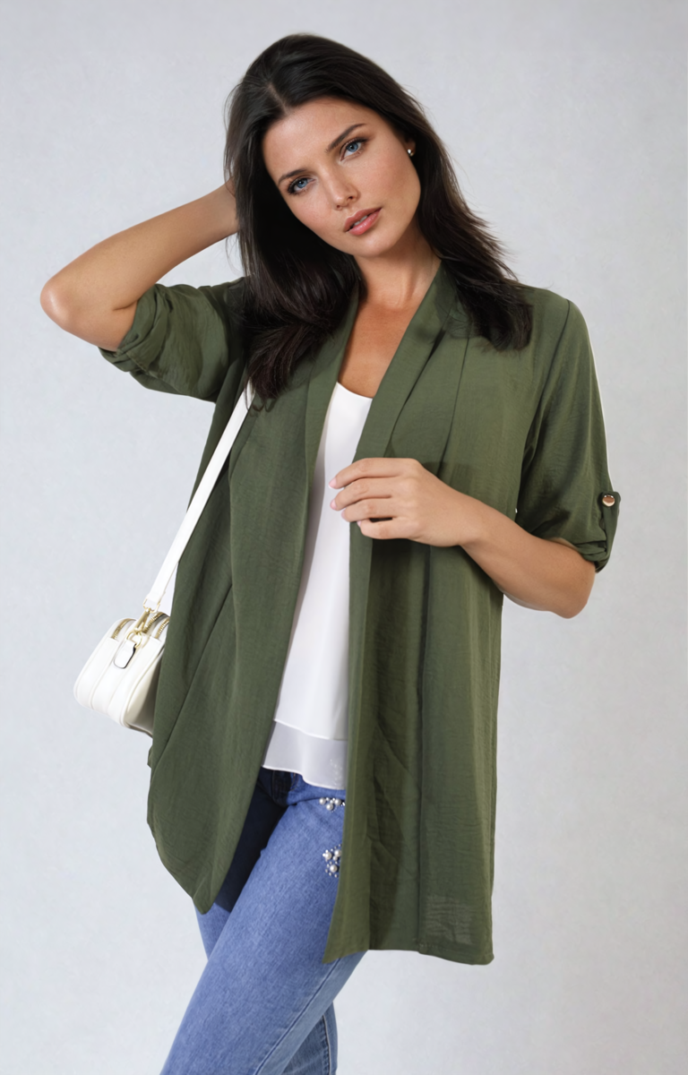 Open Front Roll Up Sleeve Cardigan-17