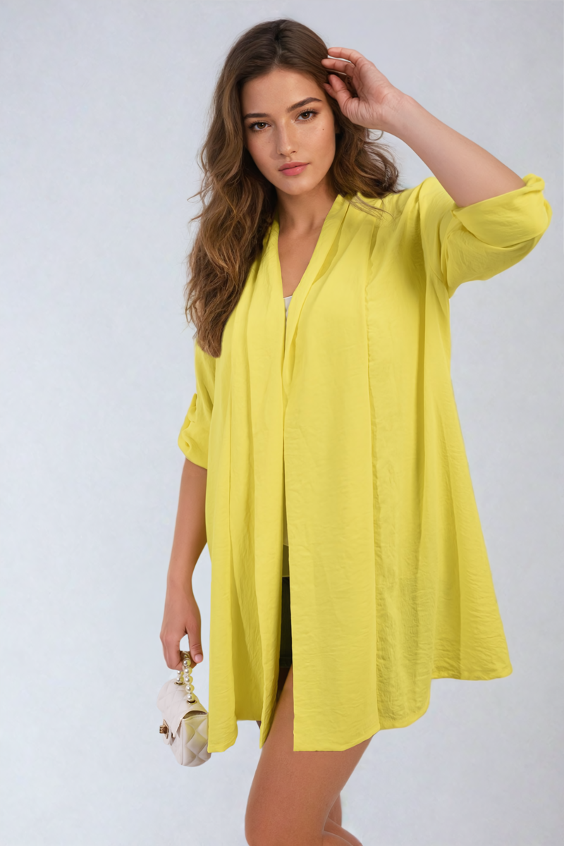 Open Front Roll Up Sleeve Cardigan-0