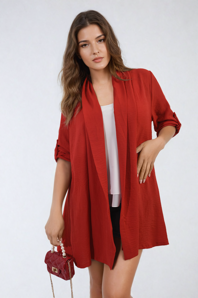 Open Front Roll Up Sleeve Cardigan-4