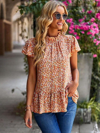 Summer new floral print turtleneck blouse loose holiday style