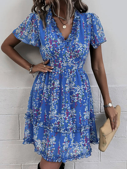 Women's Floral Print Flutter Sleeve Faux Wrap Mini Dress