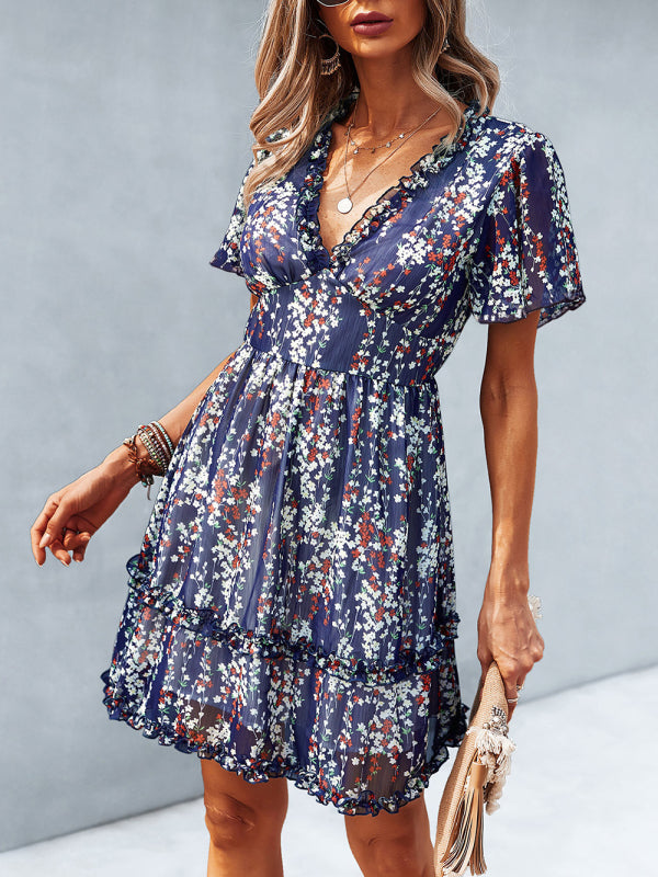Women's Floral Print Flutter Sleeve Faux Wrap Mini Dress
