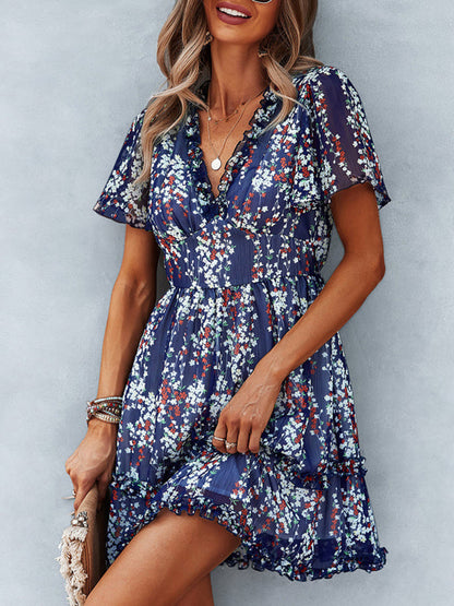 Women's Floral Print Flutter Sleeve Faux Wrap Mini Dress