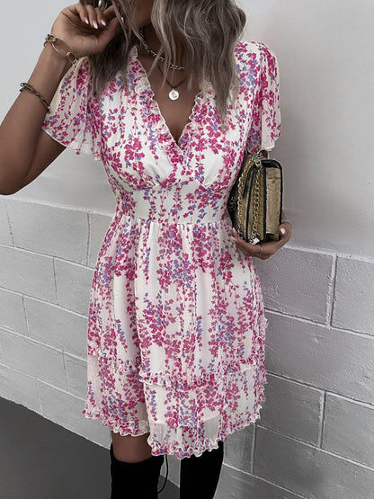Women's Floral Print Flutter Sleeve Faux Wrap Mini Dress