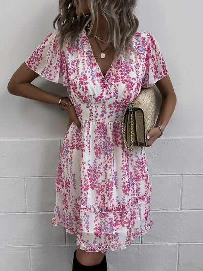 Women's Floral Print Flutter Sleeve Faux Wrap Mini Dress