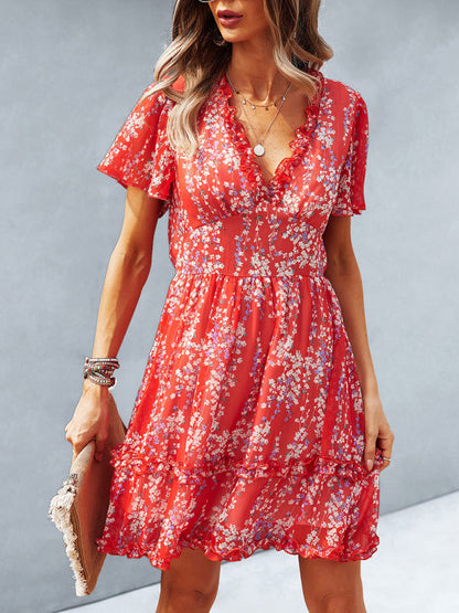 Women's Floral Print Flutter Sleeve Faux Wrap Mini Dress